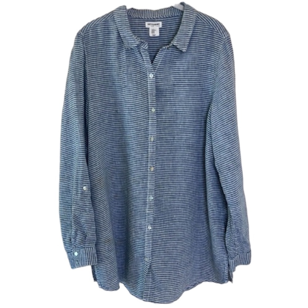 Artisan NY Blue White Striped Linen Button Down Sz XL